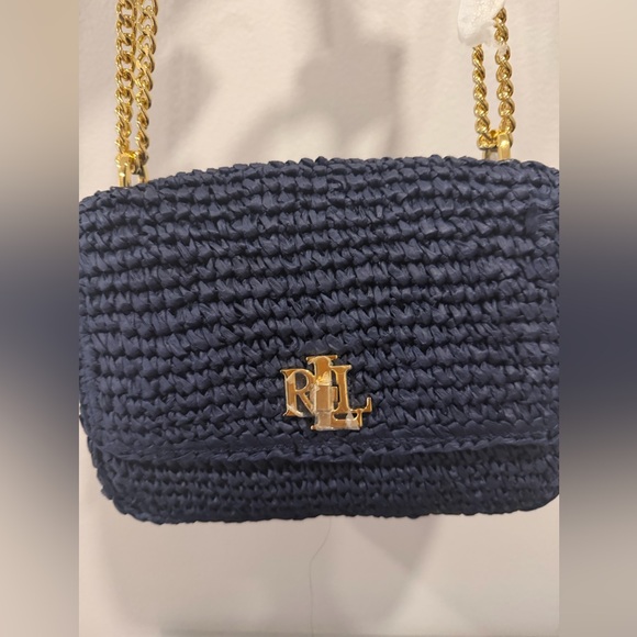 NWT Ralph Lauren Lauren Navy Sophee Woven Shoulder Bag with Gold Chain - Picture 3 of 9